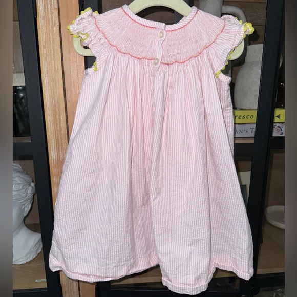 Birthday smocked toddler girl dress ruffles seersucker hat balloons embroidered - Picture 4 of 4